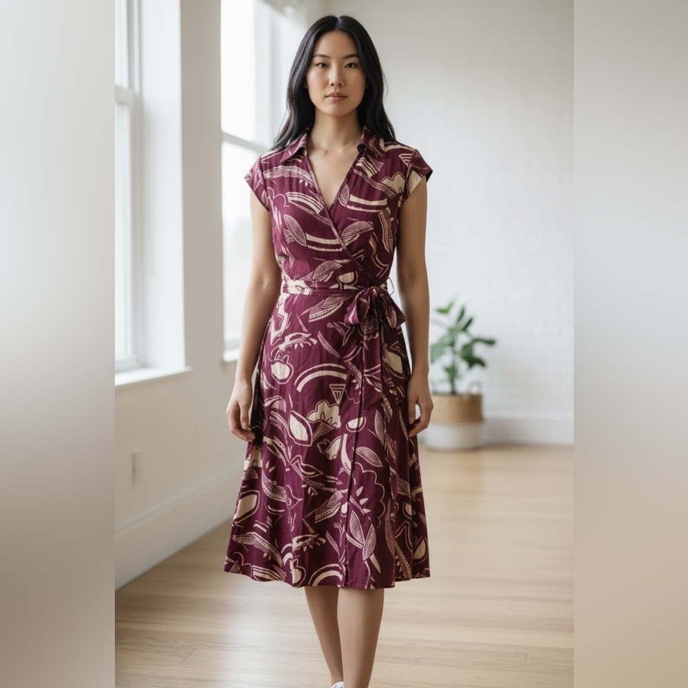 MEX Silk Blend Burgundy Printed Tie Waist Short Sleeve Mid Length Dress 38